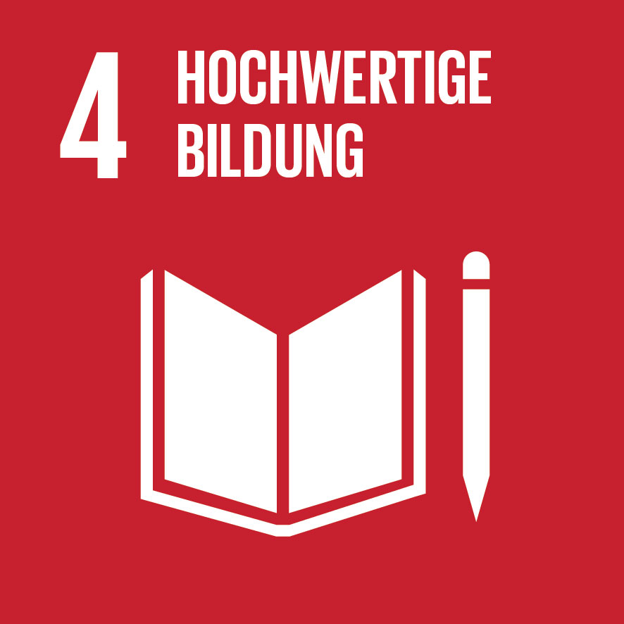 icon zu UN Sustainable Development Goal Nummer 4. Rechts der Ziffer steht "Hochwertige Bildung". Darunter in weiß ein aufgeschlagenes Buch und ein Stift vor rotem Hintergrund.